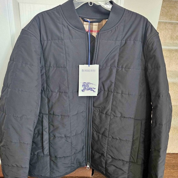 Burberry Men's Black Quilted Bomber Jacket with Check Lining